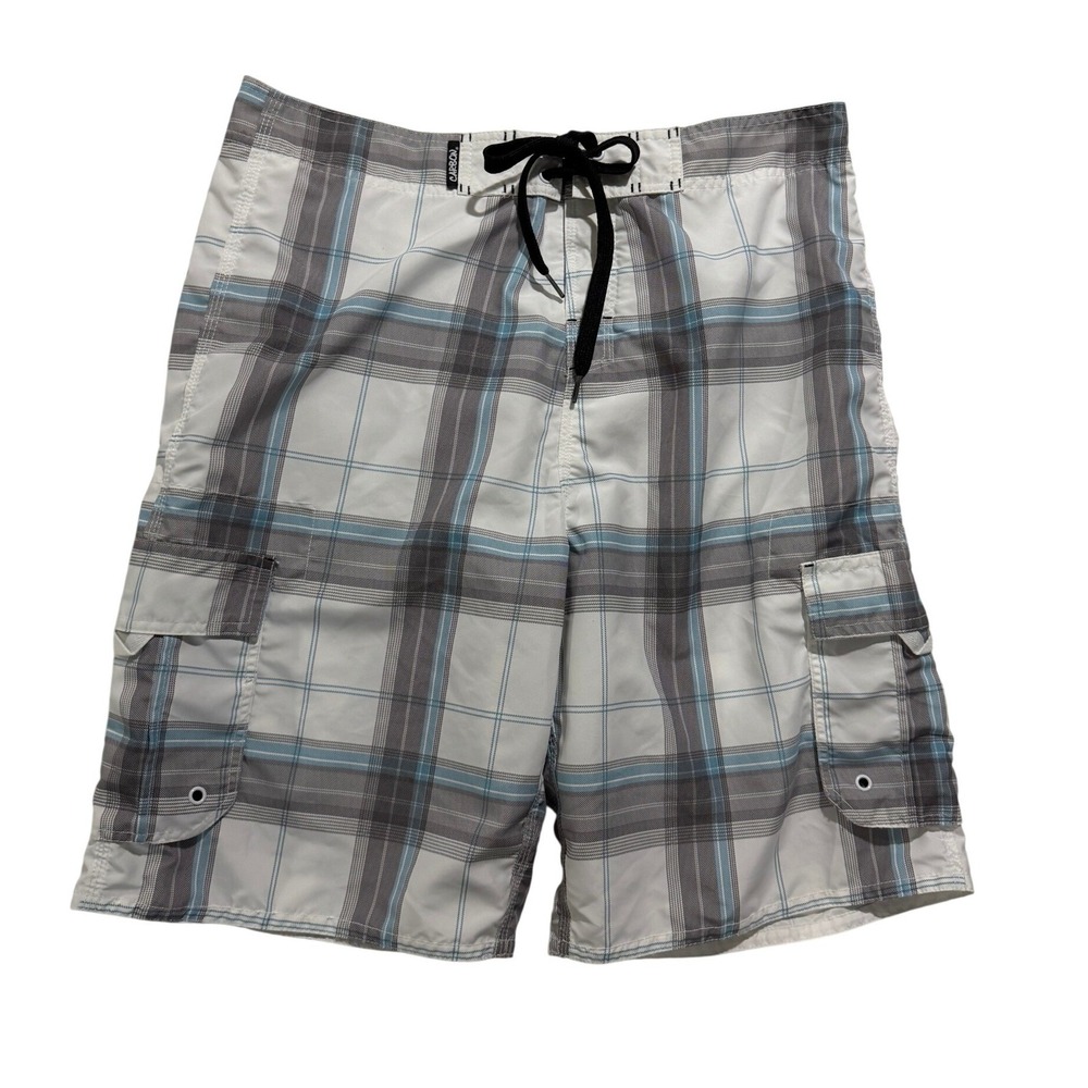 Carbon Gray Blue Plaid Cargo Board Shorts Size 34